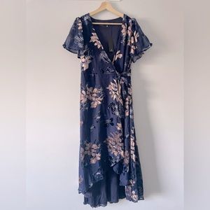 NEW WITH TAGS ~ Lulu's Navy Blue Velvet Jacquard Wrap Maxi Dress ~ M